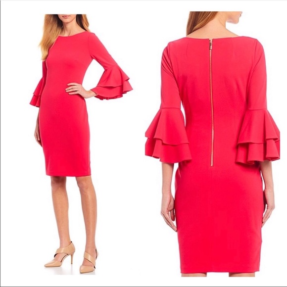 Calvin Klein Scuba Crepe Tiered Bell Sleeve Dress - Picture 2 of 10